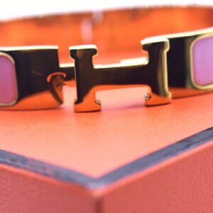 New Hermes Clic H PINK Enamel Silver Bracelet, Box, Shop Bag, Pouch, Receipt